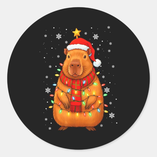 Adesivo Redondo Christmas Capybara With Santa Hat Xmas Lights Tree (Frente)