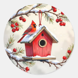 Adesivo Redondo Christmas Cardinal Birdhouse snowy pine branch