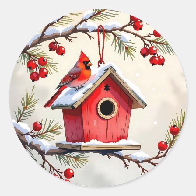 Adesivo Redondo Christmas Cardinal Birdhouse snowy pine branch  (Frente)