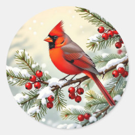 Adesivo Redondo Christmas Cardinal on snowy pine branch