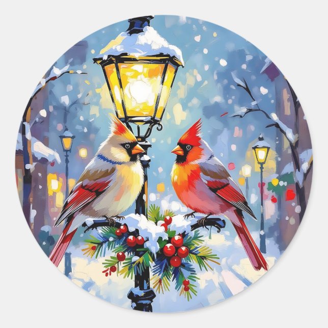 Adesivo Redondo Christmas Cardinals and Snowy Lamppost (Frente)