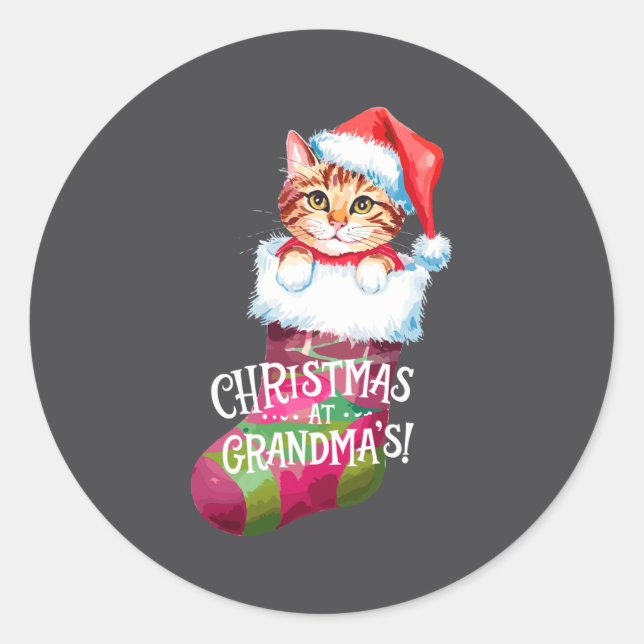 Adesivo Redondo Christmas Cat _ Christmas At Grandma Cat _ Cute Ca (Frente)