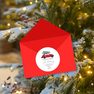 Adesivo Redondo Christmas Change of Address Sticker | Red Car with