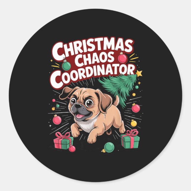 Adesivo Redondo Christmas Chaos Coordinator Xmas Puppy Funny Puggl (Frente)