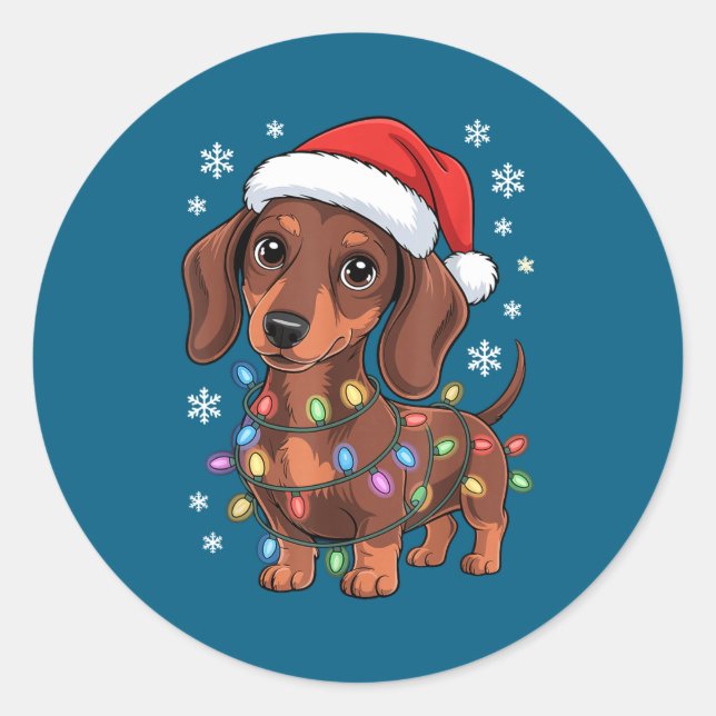 Adesivo Redondo Christmas Dachshund Lights Santa Hat Holiday Dog L (Frente)