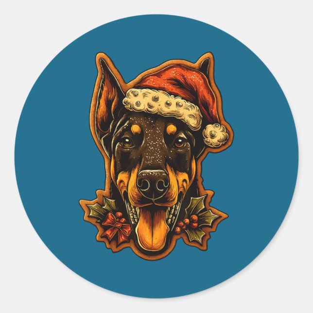 Adesivo Redondo Christmas Doberman Dog With Santa Hat Gingerbread  (Frente)