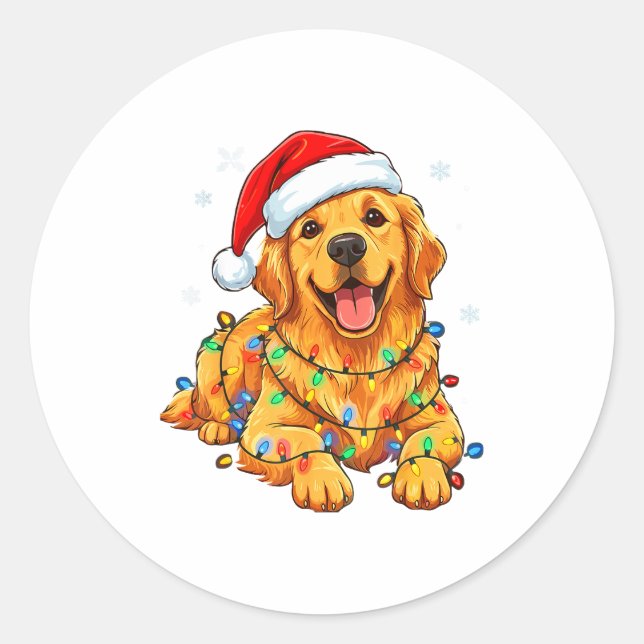 Adesivo Redondo Christmas Dog Golden Retriever Lights Xmas  (Frente)