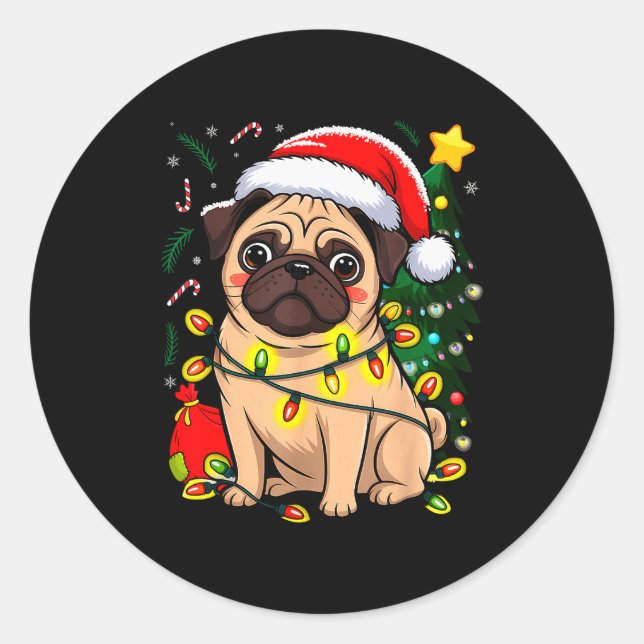 Adesivo Redondo Christmas Dog Santa Clause Pug Puppy X-mas  (Frente)