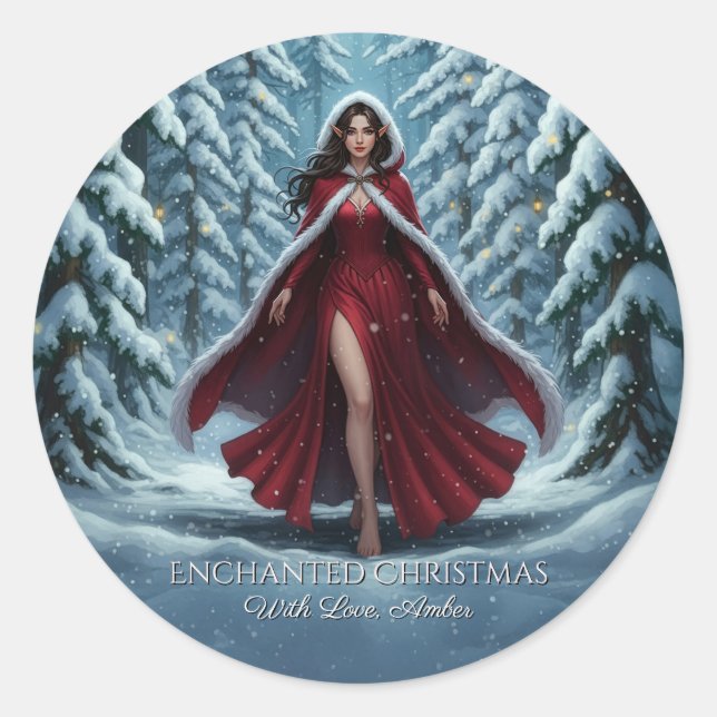 Adesivo Redondo Christmas Elf in Red in Winter Forest Magnet Card (Frente)