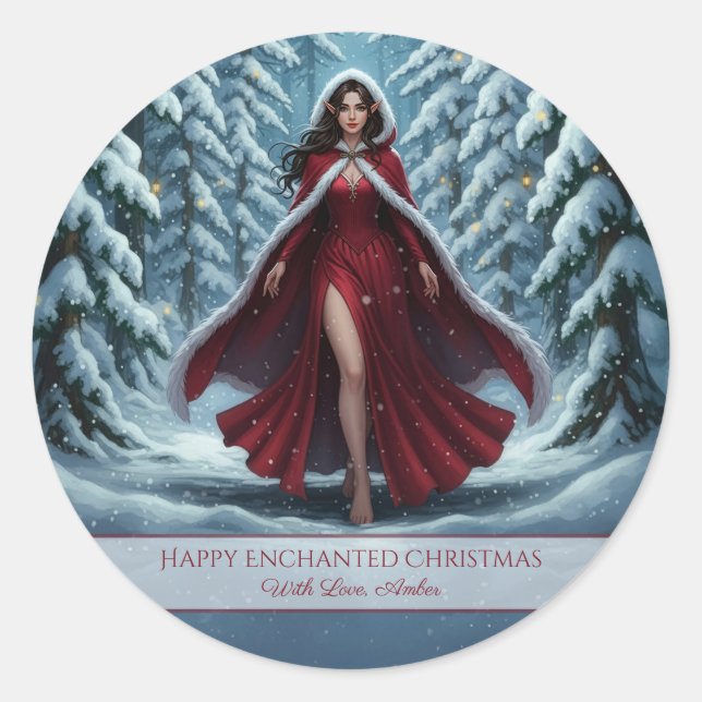 Adesivo Redondo Christmas Elf in Red in Winter Forest Magnet Card (Frente)