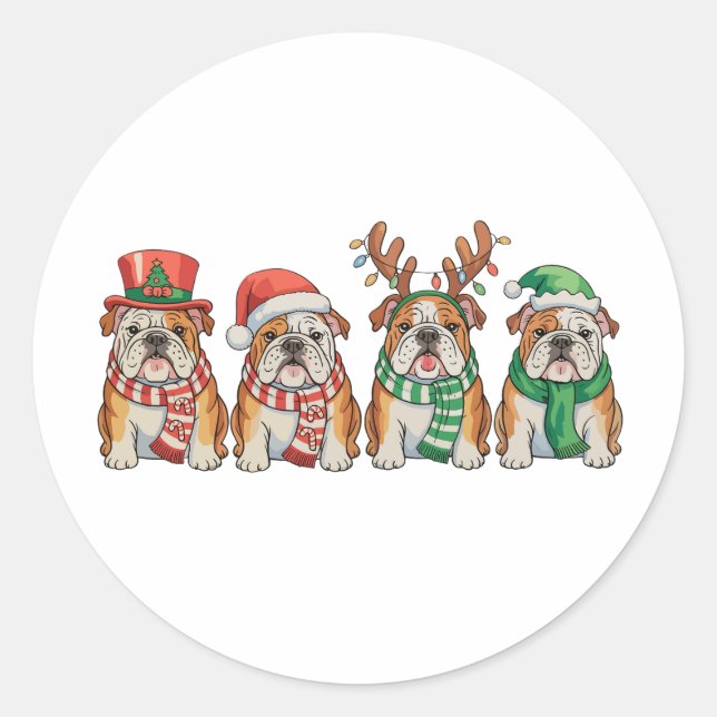 Adesivo Redondo Christmas English Bulldog Dog Santa Hat Reindeer (Frente)