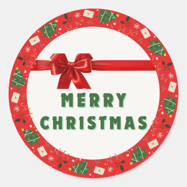 Adesivo Redondo Christmas Gift Wrapping Sticker | Red Wreath & Rib (Frente)
