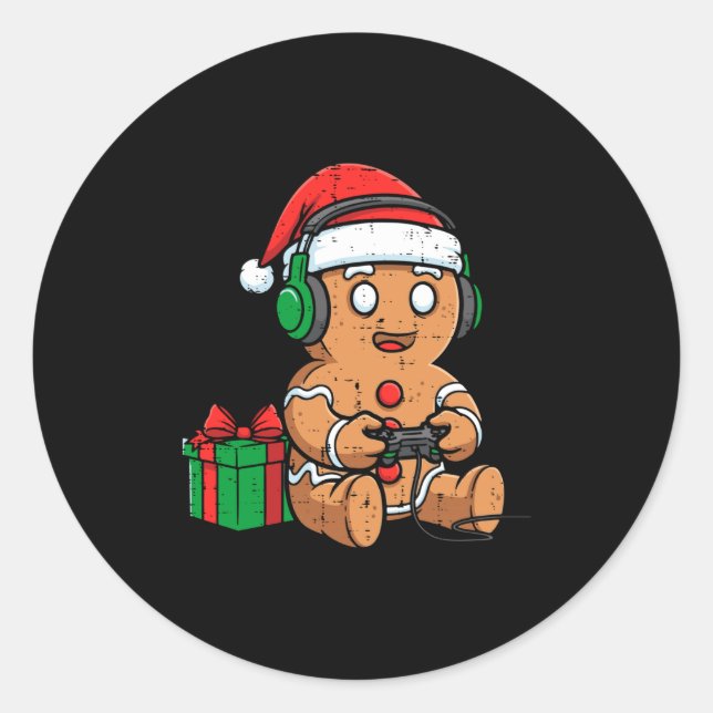 Adesivo Redondo Christmas Gingerbread Gamer Xmas Gaming Boys Kids  (Frente)