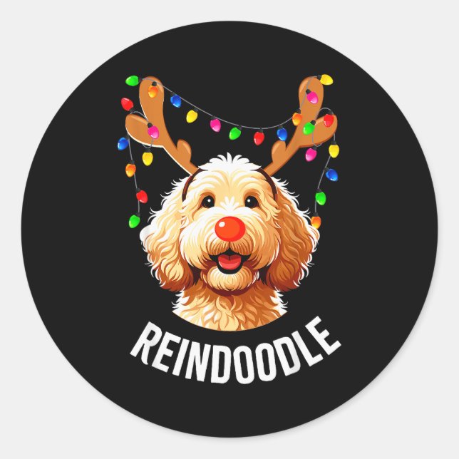 Adesivo Redondo Christmas Goldendoodle Reindeer Doodle Dog Reindoo (Frente)