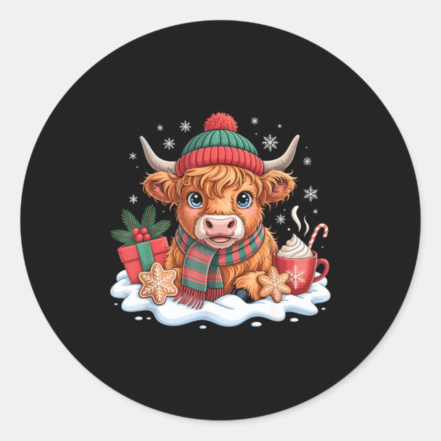 Adesivo Redondo Christmas Highland Cow Cute Heifer Cow Santa Hat M (Frente)