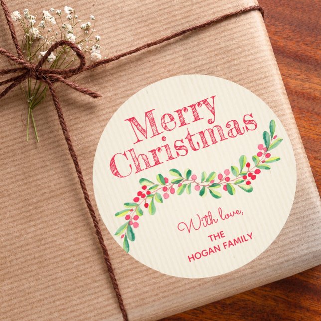 Adesivo Redondo Christmas Holly and Berry Holiday (Christmas stickers with leaves and berries personalized for gift giving)