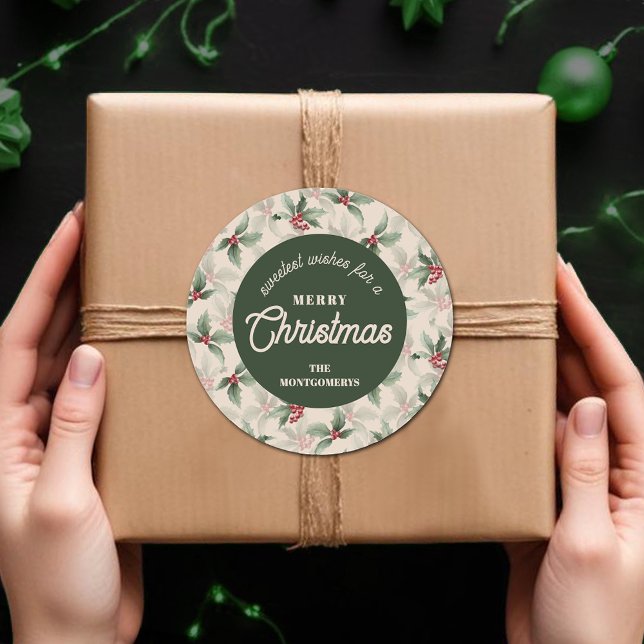 Adesivo Redondo Christmas Holly Berry Homemade Food Holiday Baking (Sweetest Wishes for a Merry Christmas holly and berries homemade food holiday baking round stickers)