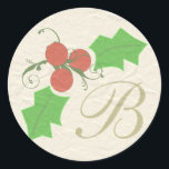 Adesivo Redondo Christmas Holly Sticker<br><div class="desc">Coordena-se com cartões,  postais e selos postais. Mude o monograma inicial para o inicial. Use em pacotes para estilo adicionado.</div>
