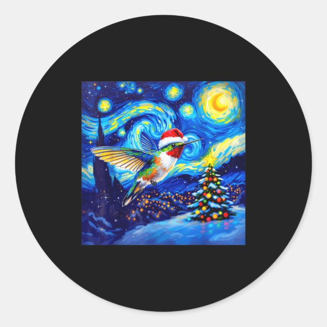 Adesivo Redondo Christmas Hummingbird Santa Hat Van Gogh Starry Ni (Frente)