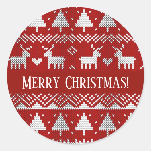 Adesivo Redondo Christmas Knitted Sweater Red and White Ornaments  (Frente)