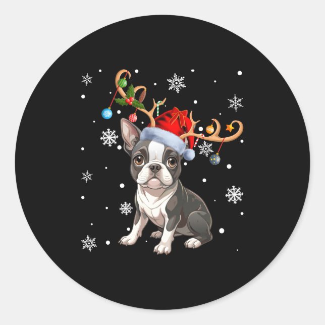 Adesivo Redondo Christmas Light Reindeer Santa Hat Boston Terrier  (Frente)