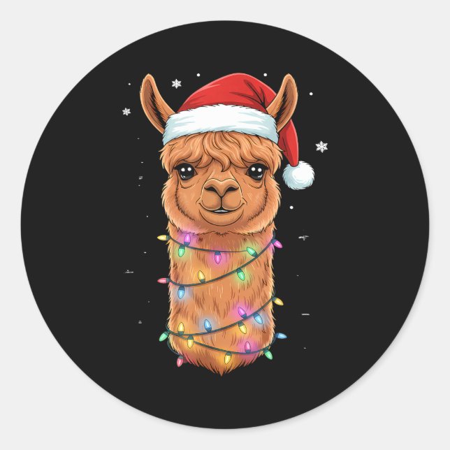 Adesivo Redondo Christmas Lights Alpaca Santa Hat Llama Cute Xmas  (Frente)