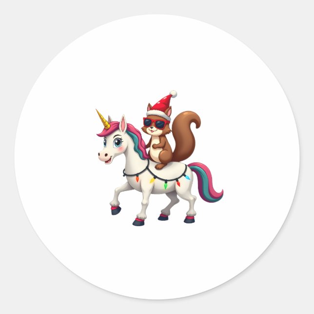 Adesivo Redondo Christmas Lights Squirrel Riding Unicorn T-Shirt ( (Frente)