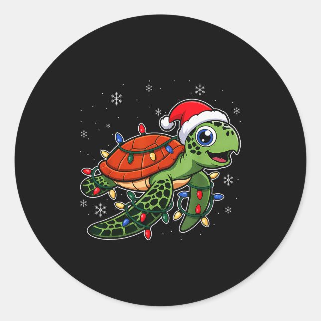 Adesivo Redondo Christmas Lights Turtle Wearing Xmas Hat - Lover  (Frente)