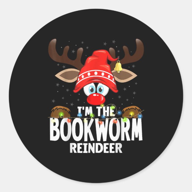 Adesivo Redondo Christmas Matching I'm The Bookworm Reindeer  (Frente)