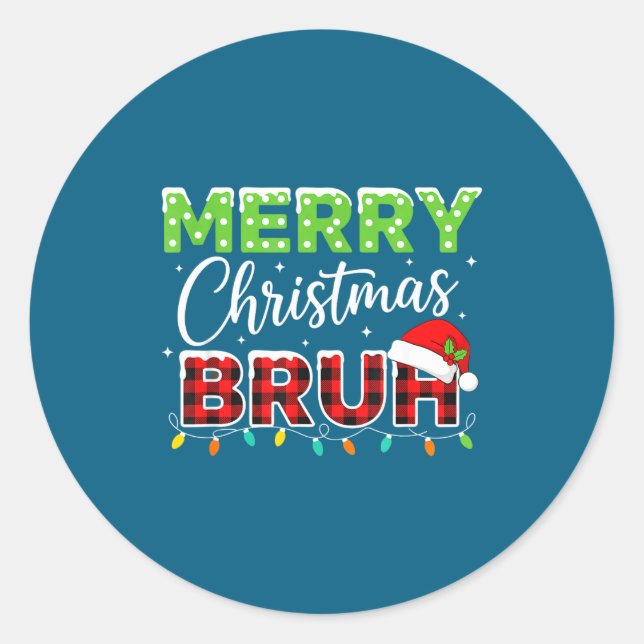 Adesivo Redondo Christmas Merry Christmas Bruh Buffalo Plaid Santa (Frente)