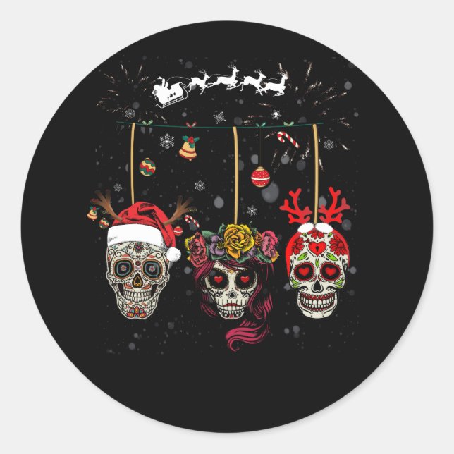 Adesivo Redondo Christmas Mexican Flower Sugar Skull In Snow Xmas (Frente)