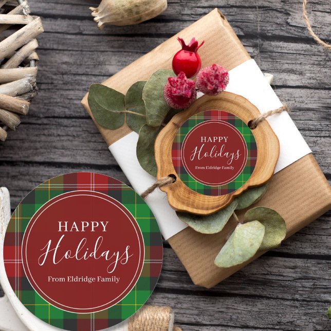 Adesivo Redondo Christmas Plaid Happy Holidays Family Name  (Criador carregado)
