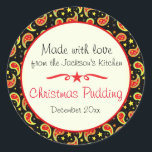 Adesivo Redondo Christmas pudding paisley food label sticker<br><div class="desc">Food label perfect for labelling Christmas goodies or to remind you of Christmas cake or pudding dates. Also perfect for Christmas gifts, cookie exchange parties or for selling your homemade products at farmer's market's and craft fairs around thanksgiving and Christmas time. Use these stickers to seal your Christmas gifts or...</div>