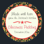 Adesivo Redondo Christmas pudding paisley food label sticker<br><div class="desc">Food label perfect for labelling Christmas goodies or to remind you of Christmas cake or pudding dates. Also perfect for Christmas gifts, cookie exchange parties or for selling your homemade products at farmer's market's and craft fairs around thanksgiving and Christmas time. Use these stickers to seal your Christmas gifts or...</div>