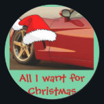 Adesivo Redondo Christmas Red Corvette<br><div class="desc">"Tudo o que quero no Natal" Design de Natal Corvette</div>