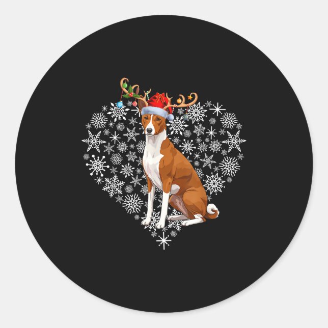 Adesivo Redondo Christmas Reindeer Santa Hat Basenji Lovers Xmas  (Frente)