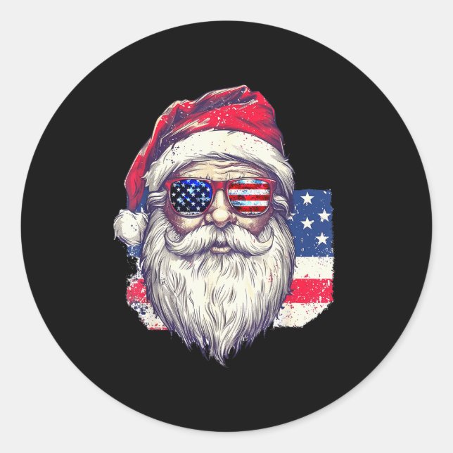 Adesivo Redondo Christmas Santa Claus Patriotic Usa Sungles In Jul (Frente)