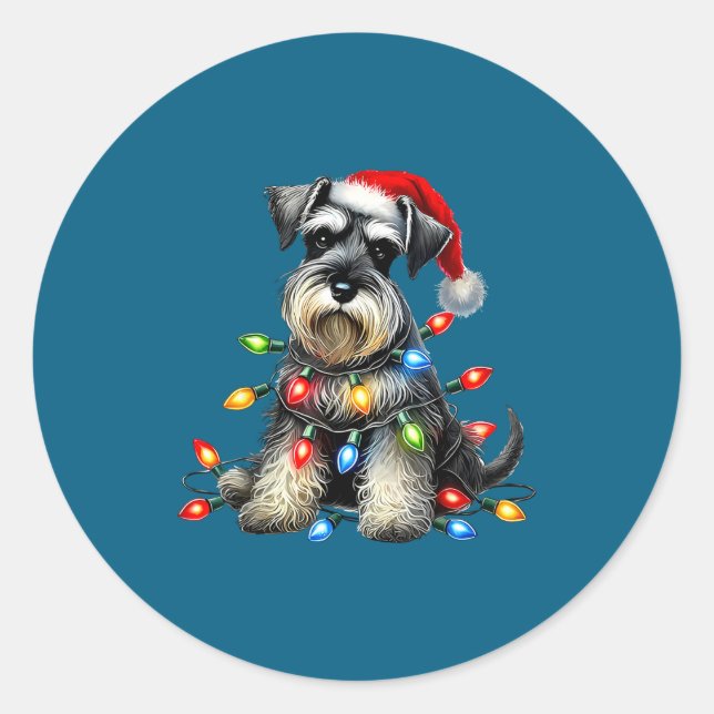 Adesivo Redondo Christmas Schnauzer Dog Santa Hat Xmas Light Holid (Frente)