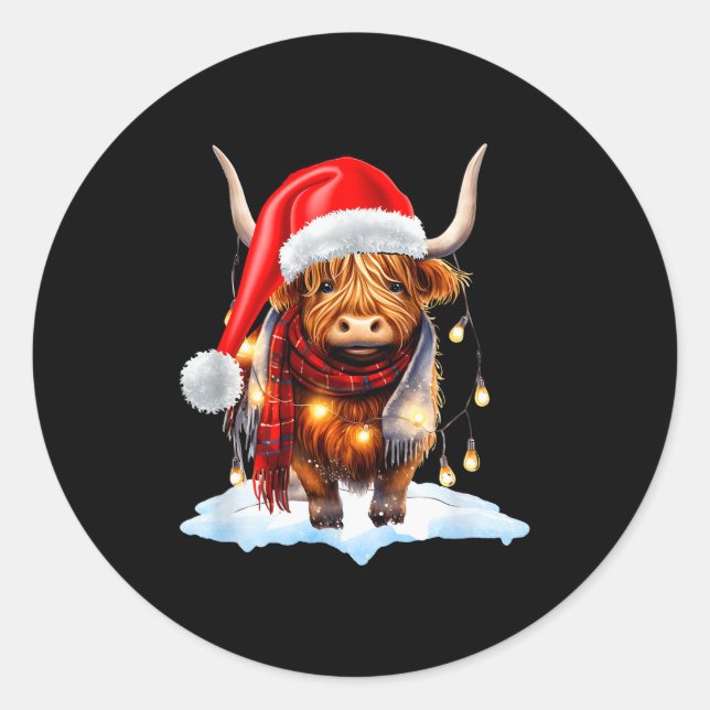 Adesivo Redondo Christmas Scottish Highland Cow Wrapped In Christm (Frente)