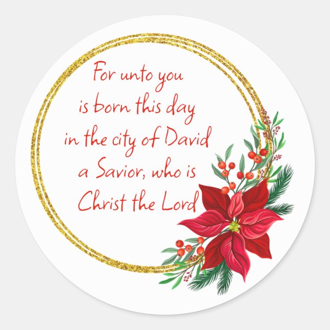Adesivo Redondo Christmas Scripture Luke 2:11 Pointsettia (Frente)