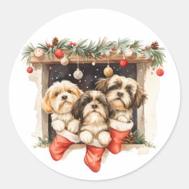 Adesivo Redondo Christmas Shih Tzu Dogs