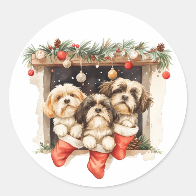 Adesivo Redondo Christmas Shih Tzu Dogs (Frente)