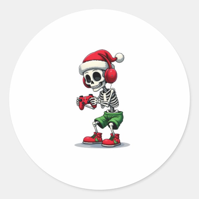 Adesivo Redondo Christmas skeleton Gamer Pajamas xmas skull gaming (Frente)