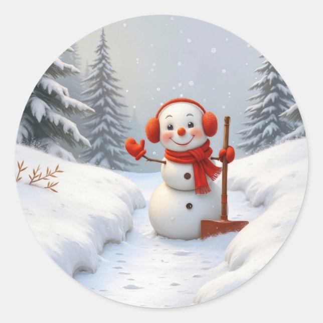 Adesivo Redondo Christmas Snowman with a Red Shovel (Frente)