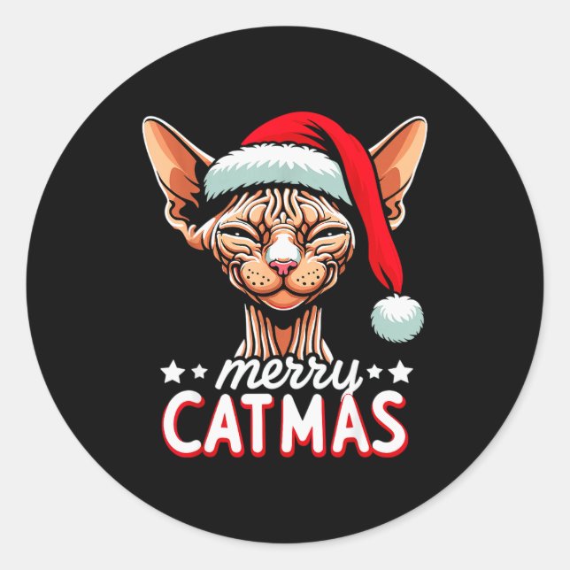 Adesivo Redondo Christmas Sphynx Cat Merry Catmas Santa Hat Xmas  (Frente)
