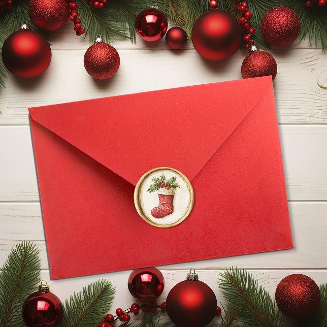 Adesivo Redondo Christmas Stocking Holly Faux Wax (Christmas Stocking Holly Faux Wax Classic Round Sticker)