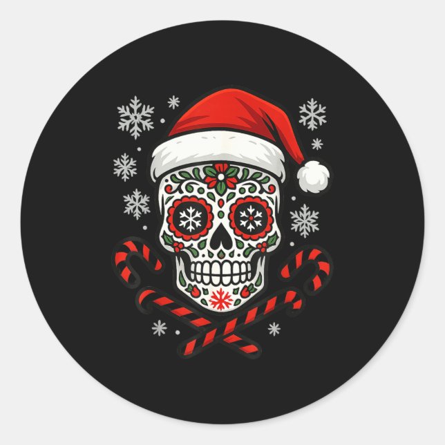 Adesivo Redondo Christmas Sugar Calavera Skull Santa Hat Candy Can (Frente)