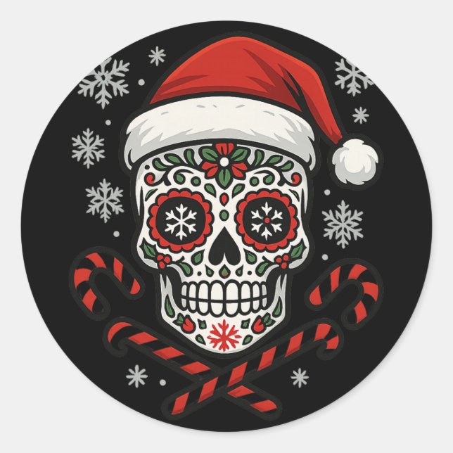 Adesivo Redondo Christmas Sugar Calavera Skull Santa Hat Candy Can (Frente)