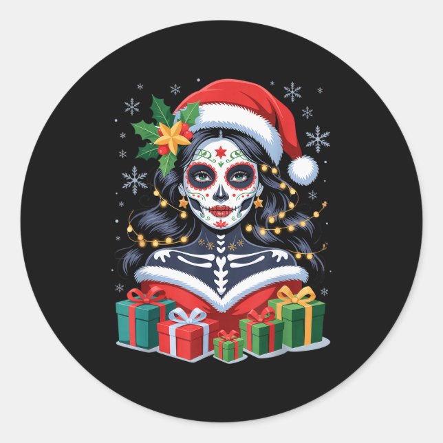 Adesivo Redondo Christmas Sugar Skull Art Woman Santa Hat Festive  (Frente)