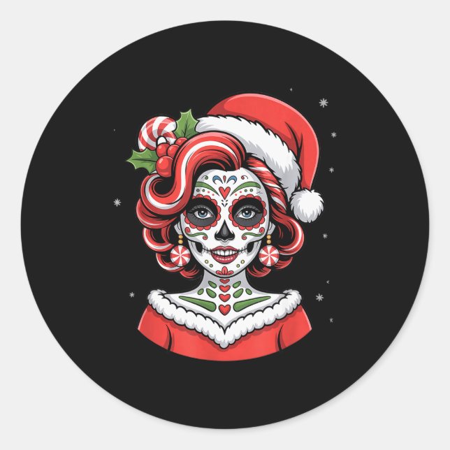 Adesivo Redondo Christmas Sugar Skull Art Woman Santa Hat Festive  (Frente)